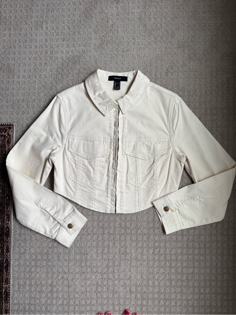 Forever 21 Cream Cropped Jean Jacket with Chest Pockets